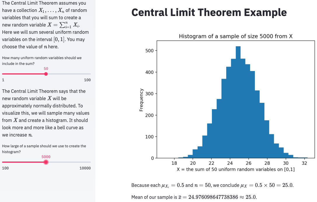 Screenshot of a complete Streamlit dashboard about the Central Limit Theorem