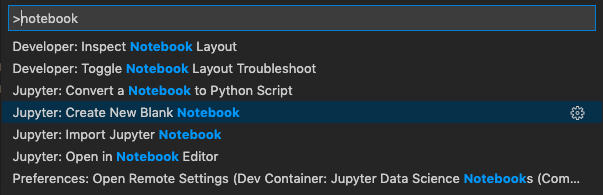 A screenshot of the command palette in VS Code, with the "Jupyter: Create New Blank Notebook" item selected