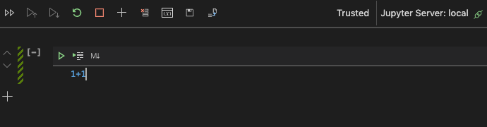 A screenshot of a new Jupyter notebook in VS Code, with just the code 1+1 typed in the first cell