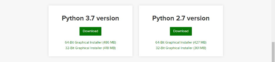 A screenshot of the two Python versions available on the Anaconda
website download page, Python 3.7 and Python 2.7, with the Python 3.7
version highlighted