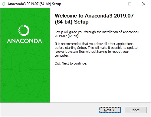 A screenshot of the first screen in the Anaconda Windows installer,
welcoming the user to the installation
process