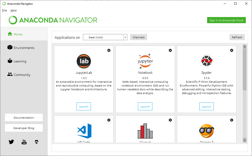 A screenshot of the main window for the Anacdona Navigator application
on Windows, showing icons for the applications JupyterLab, Jupyter
Notebook, Spyder, VS Code, Glueviz, and Orange
3.