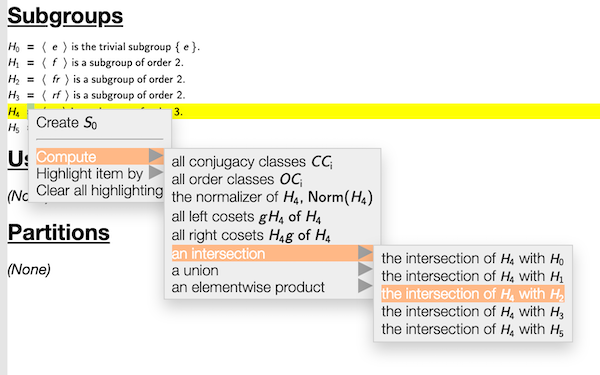 A screenshot of several subitems on the subset list box context menu